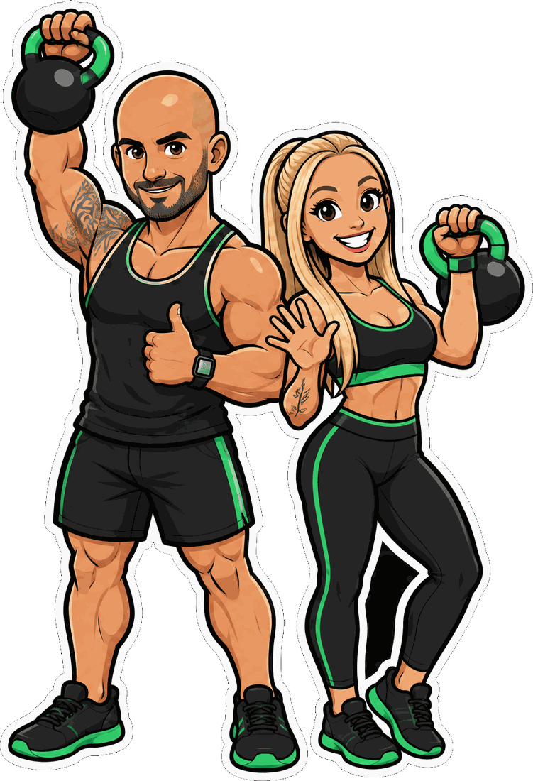 Disegno in stile fumetto di due persone che si allenano con i kettlebell